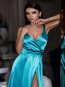 A Line Split Turquoise V Neck Satin Sleeveless Prom Dresses 