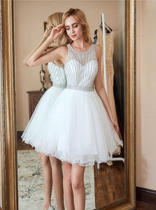 A Line Round Neck Above Knee White Tulle Prom Dress