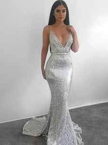 Sexy Sliver Mermaid Spaghetti Straps Backless Sequins Prom Dress