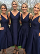 A Line Tea Length V Neck Satin Sleeveless Bridesmaid Dresses