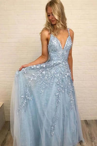 A Line Lace Appliques Prom Dresses with Spaghetti Straps MOS08