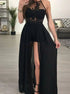 Black A Line Halter Chiffon Side Slit Prom Dress with Appliques LBQ0076