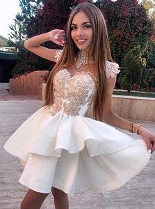 A Line High Neck White Satin Prom Dresses with Appliques