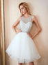 A Line Round Neck Above Knee White Tulle Prom Dress LBQ0290