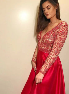 A Line V Neck Sweep Train Red Satin Prom Dress with Beadings