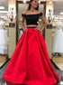 Two Piece Red Satin Off the Shoulder Prom Dress with Beading Flowers LBQ0026