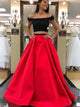 Sexy Two Piece Red Satin Off the Shoulder Prom Dress with Beading Flowers