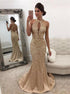 Mermaid Halter Criss Cross Straps Keyhole Champagne Satin Prom Dress with Beadings LBQ0205