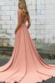 Pink Halter Open Back Satin Prom Dresses with Chapel Train
