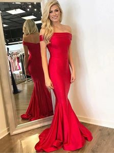 Moderm Mermaid Red Satin Off the Shoulder Prom Dress