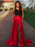 Sexy Black Lace Top Of One Shoulder With Red Satin High Leg Split Sweep Train Prom Dress  LBQ0009