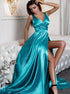 A Line Split Turquoise V Neck Satin Prom Dresses LBQ0254