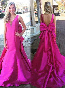 Mermaid V Neck Backless Fuchsia Prom Dresses with Bowknot and Chapel Train