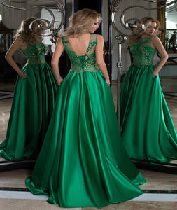 Scoop Ball Gown Satin With Applique Sweep Train Prom Dresses LBQ0292