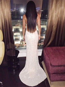 Elegant Mermaid Deep V Neck Sweep Train Criss Cross Straps Ivory Sequined Prom Dress