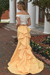 Sheath Yellow and Ivory Sleeveless Off the Shoulder Satin Prom Dresses with Ruffles