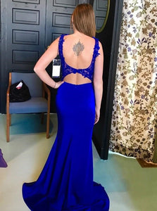 Mermaid Open Back Royal Blue Satin Sleeveless Prom Dress with Appliques and Slit