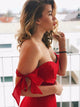 Red A Line Off the Shoulder Satin Prom Dress