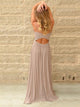 A Line Spaghetti Straps Gray Polyester Sleeveles Prom Dresses with Lace