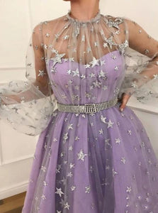Purple Fairy A Line Long Sleeves Satin and Tulle Prom Dresses