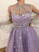 Purple Fairy A Line Long Sleeves Satin and Tulle Prom Dresses