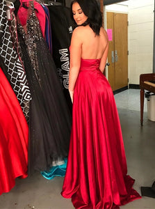 A Line Cross Neck Dark Red Backless Prom Dresses with Split