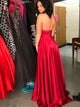 A Line Cross Neck Dark Red Backless Prom Dresses with Split