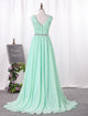 A Line Ruffles and Beadings Chiffon Sweep Train Bridesmaid Dresses LBQB0013