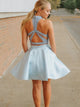 Blue Two Piece Halter Criss Cross Satin Homecoming Dress with Beading and Pockets