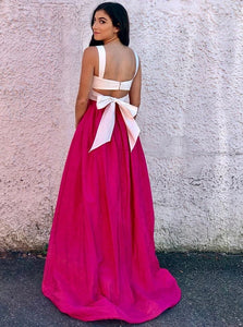 Two Piece Sexy Satin White Scoop Short Top with Lovely Bownot Fuchsia Sweep Lenght Prom Dress 
