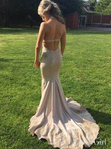 Halter Golden Lace Mermaid Prom Dresses with Sweep Train