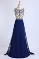 Blue Beaded Scoop Sweep Chiffon Prom Dresses