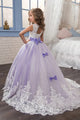 Purple Scoop Ball Gown Tulle With Applique And Bow Knot Sleeveless Flower Girl Dresses