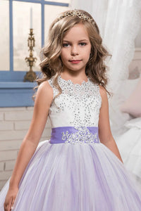  Scoop Ball Gown Tulle With Applique And Bow Knot Sweep Train Flower Girl Dresses