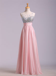 Scoop Floor Length Chiffon Rhinestones Pink Prom Dresses