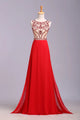 Red Beaded Scoop Sweep Chiffon Prom Dresses