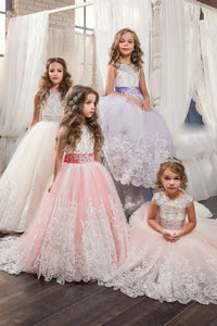  Scoop Ball Gown Tulle With Applique And Bow Knot Lace Up Flower Girl Dresses