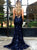Sexy Navy Blue Mermaid Backless Tulle Appliques Prom Dress 
