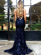 Sexy Navy Blue Mermaid Backless Tulle Appliques Prom Dress 