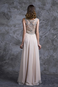 A Line Champagne Beaded Scoop Sweep Train Zipper Chiffon Prom Dresses
