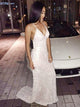 Mermaid Deep V Neck Sweep Train Criss Cross Straps Ivory Sequined Prom Dresses