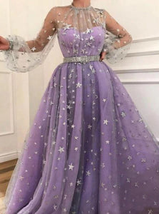 Elegant A Line Long Sleeves Satin and Tulle Prom Dresses