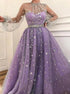 A Line Long Sleeves Satin and Tulle Prom Dress LBQ0148