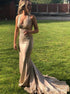 Halter Golden Lace Mermaid Prom Dresses LBQ0223
