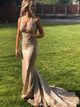 Halter Golden Lace Mermaid Open Back Prom Dresses 