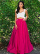 Two Piece Sexy Satin White Scoop Open Back Bownot Short Top Fuchsia Prom Dress 