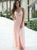A Line V Neck Sleeveless Pink Chiffon Prom Dresses with Lace Top