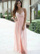 A Line V Neck Sleeveless Pink Chiffon Prom Dresses with Lace Top