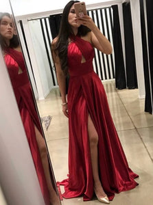 A Line Cross Neck Floor Length Dark Red Prom Dresses with Split Keyhole