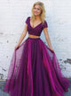 Purple Deep V Neck Criss Cross Back Beading Top Long Length Tulle Prom Dress 